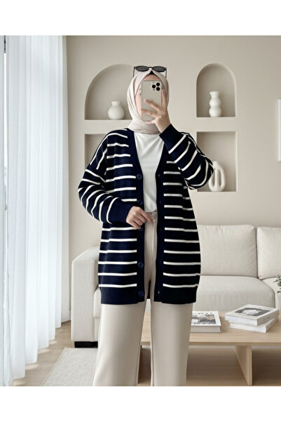 Modamorfo Striped Buttoned V-Neck Knit Cardigan - Navy