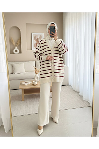 Modamorfo Çizgili Düğmeli V Yaka Triko Hırka     -Bej