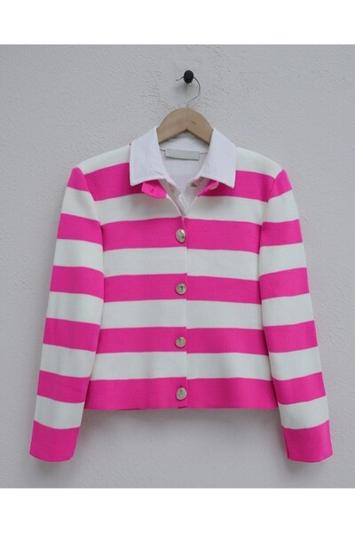 Modamorfo Ringed Metal Buttoned Short Cardigan -Fuchsia