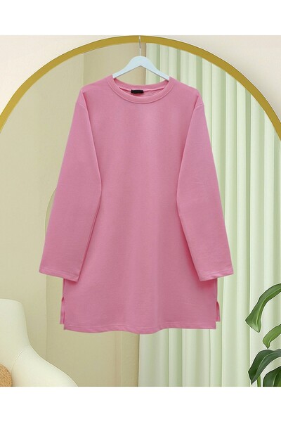 Modamorfo Round Neck Slit Casual Combed Cotton Tunic -Pink
