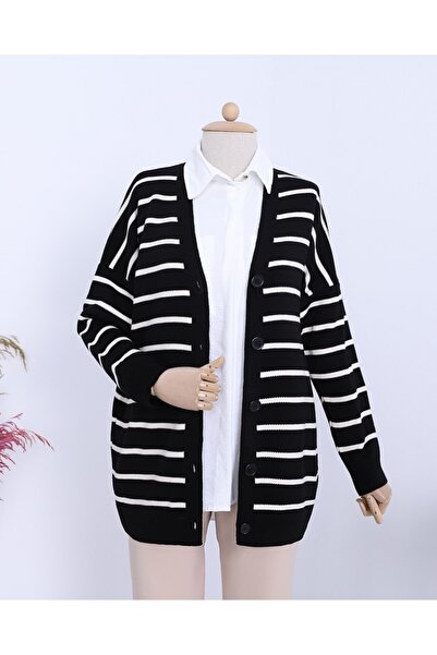 Modamorfo Striped Buttoned V-Neck Knit Cardigan -Black