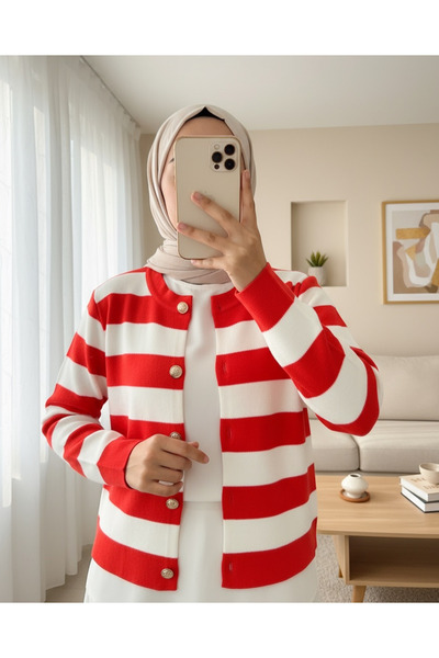 Modamorfo Ringed Metal Buttoned Short Cardigan - Pomegranate Flower