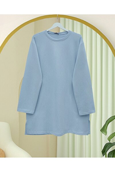 Modamorfo Round Neck Slit Casual Combed Cotton Tunic - Baby Blue