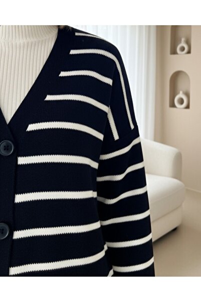 Modamorfo Striped Buttoned V-Neck Knit Cardigan - Navy