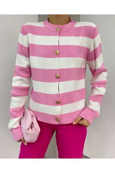 Modamorfo Ringed Short Cardigan with Metal Buttons - Pink