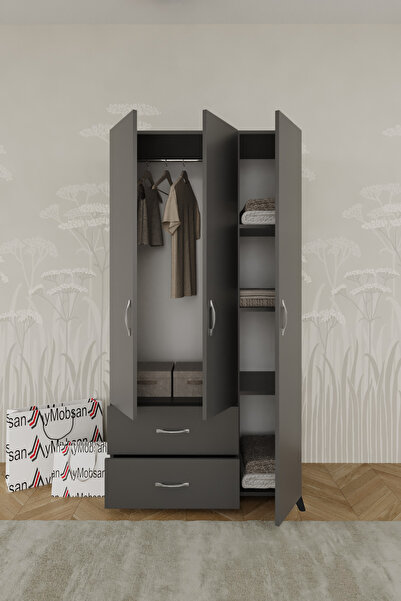 AYMOBSAN Mavera 3 Kapaklı 2 Çekmeceli Gardrop, Antrasit, 90 cm