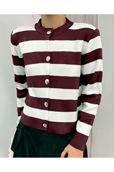 Modamorfo Ringed Metal Buttoned Short Cardigan - Burgundy
