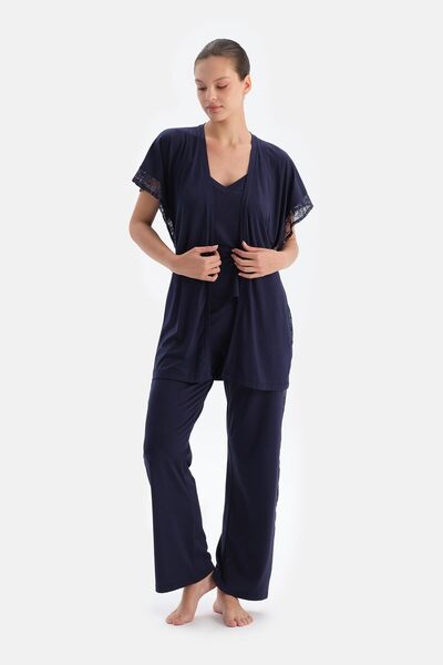 Dagi Navy Blue Viscose Dressing Gown with Lace Detail on the Sleeves