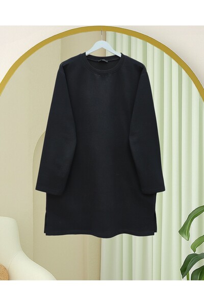 Modamorfo Round Neck Slit Casual Combed Cotton Tunic -Black