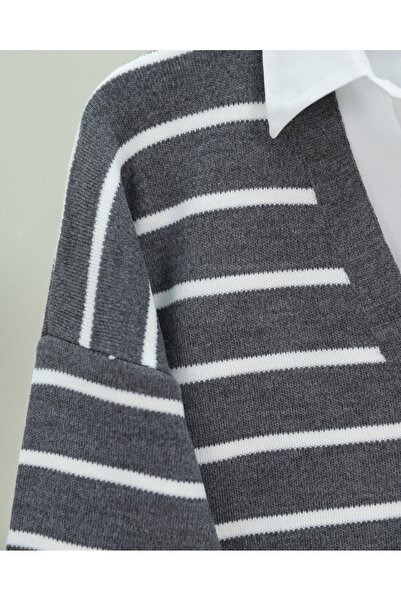 Modamorfo Smoked V-Neck Striped Knitwear Cardigan - Buttoned