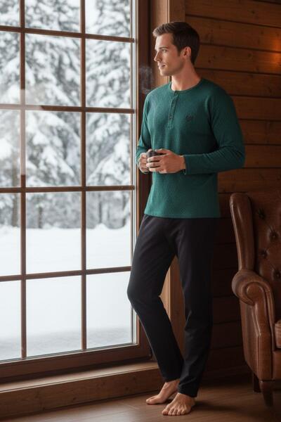 Men's Green 100% Cotton Long Sleeve Pajamas Set Comfortable Fit