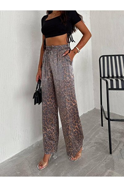 Noa Noa Leopard Patterned Elastic Waist Shiny Palozzo Pants