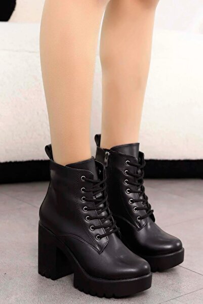 Mamito Ayakkabı JVL 207 Bağcıklı Detay Yüksek Topuk Bot-SİYAH-DERİ