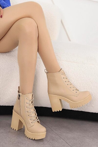 Mamito Ayakkabı JVL 207 Μπότες με ψηλό τακούνι με λεπτομέρεια με κορδόνια-ΝΥΦΙΚΟ ΔΕΡΜΑ