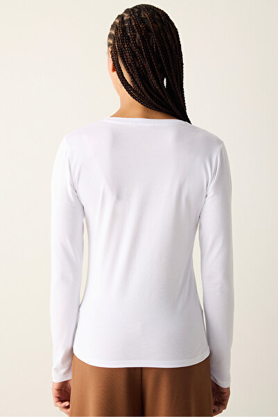 Penti Cotton V-Neck Basic White Long Sleeve Top
