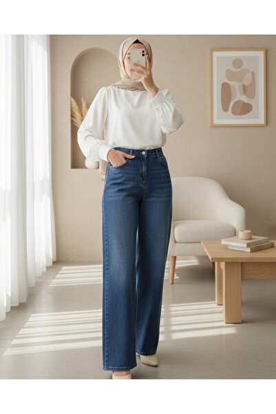 Modamorfo Pantaloni din denim cu talie înaltă cu buzunare multiple - Albastru