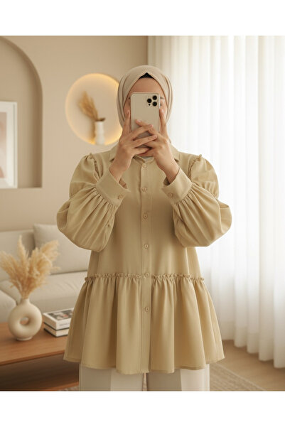 Modamorfo Sleeve Gathered Ruffle Detailed Shirt - Light Mink