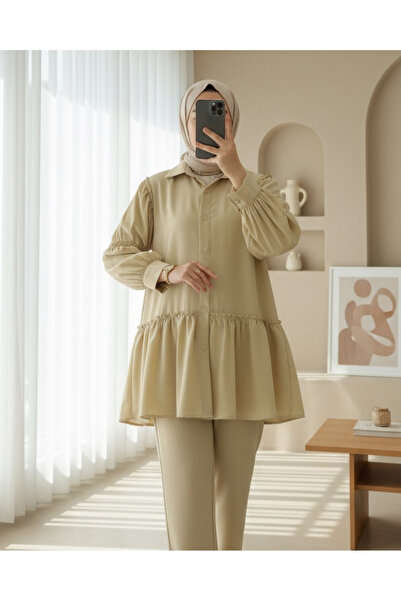 Modamorfo Sleeve Gathered Ruffle Detailed Shirt - Light Mink