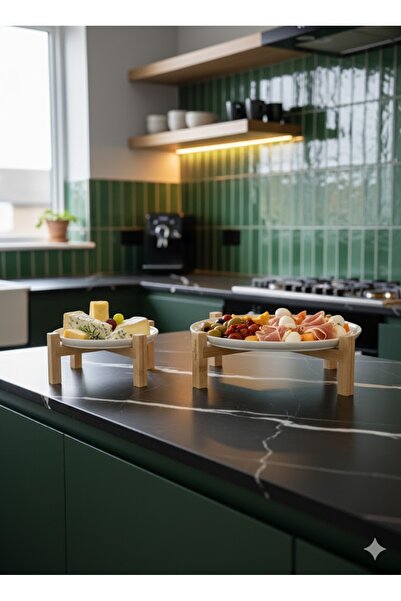 Bambum Alpina Set of 2 Ceramic Presentation Plates with Bamboo Legs 17cm and 20cm, Serving Plate