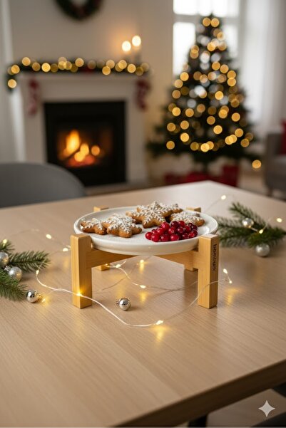 Bambum Alpina Ceramic Presentation Plate with Bamboo Feet 17cm, Serving Plate, Decorative Dessert and Breakfast Plate