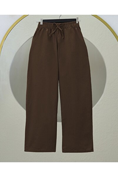 Modamorfo Linen Trousers with Lace Detail and Wide Legs with Elastic Waist - Brown