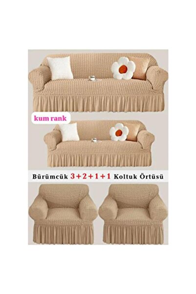 ARTUÇ Bürümcük Pamuklu (3-2-1-1) Koltuk Kanepe Örtüsü Takımı Etekli (KUM RENK)
