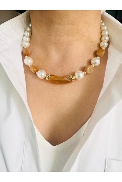 DEVİ fashion Orange Beaded Pearl Necklace 45 cm