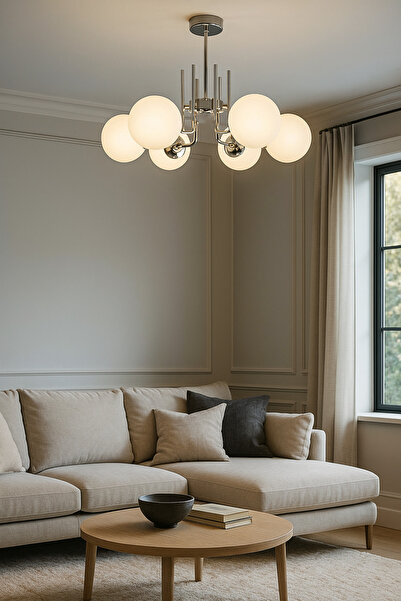 Uçar İdil Modern Tasarım Yatak Odası Mutfak Salon Oturma Odası Krom Renk Beyaz Camlı 6 lı Avize