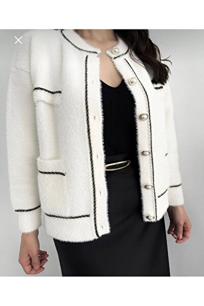 Store Beyaz bebe yaka İnci Düğmeli çift cepli triko Yumoş Dokulu Hırka