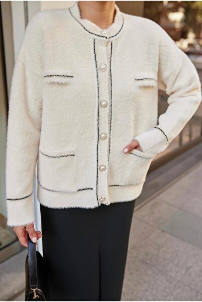 Store Beyaz bebe yaka İnci Düğmeli çift cepli triko Yumoş Dokulu Hırka