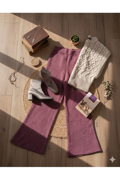 Namaste Vintage Mor Renk Yüksek Bel Geniş Paçalı Kalın Triko Pantolon