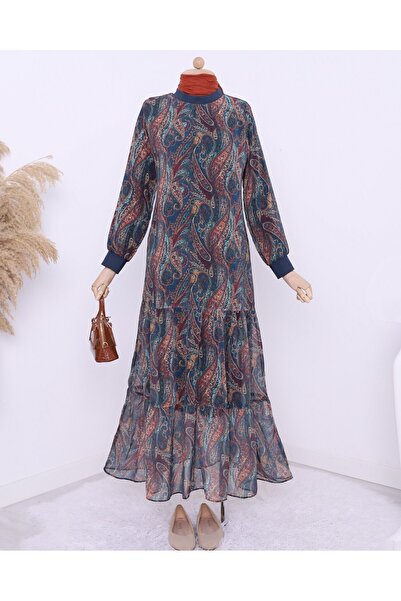 Modamorfo Ethnic Pattern Skirt Segmented Lined Chiffon Dress - Emerald