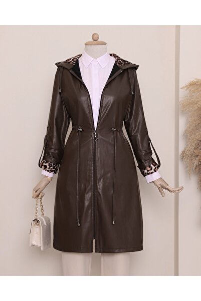 Modamorfo Kožená čepice s kapucí a šněrováním v pase - hnědá