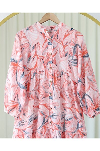 Modamorfo Φόρεμα με λουλουδάτο μοτίβο με μισό κουμπί με λαστιχένια μανίκια - Πλακάκι