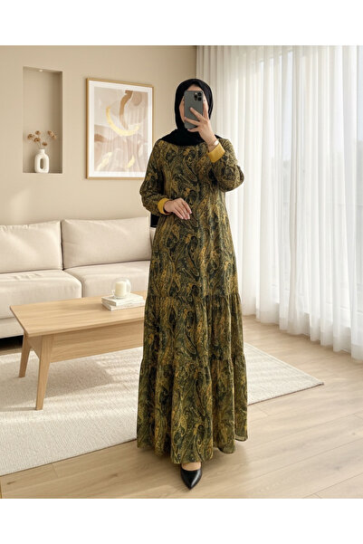 Modamorfo Ethnic Pattern Skirt Segmented Lined Chiffon Dress - Oil Green