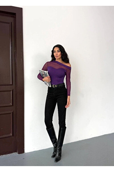 Genel Markalar MDB Kadın Uzun Kollu Omuz Dekoltesi Ve Transparan Tül Detay Bluz