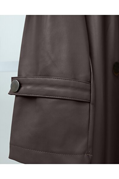 Modamorfo Kožený trenčkot s páskem a bočními kapsami - hnědý
