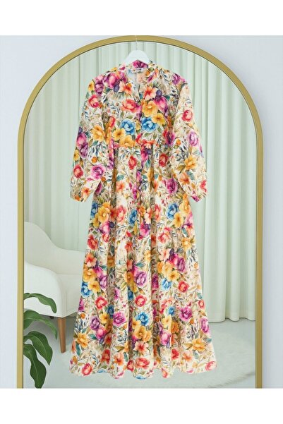 Modamorfo Μικτό φλοράλ εμπριμέ φόρεμα με μισό κουμπί - Πορτοκαλί