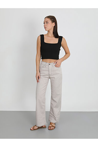 viking's line Kadın Krem Salaş Kot Pantolon Yüksek Bel Krem Palazzo Kot Pantolon