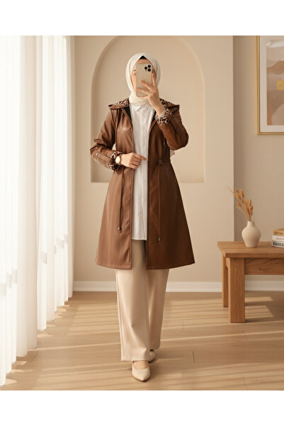 Modamorfo Kožená čepice s kapucí a šněrováním v pase - opálení