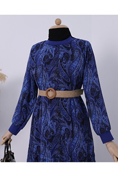 Modamorfo Ethnic Pattern Skirt Partially Lined Chiffon Dress - Navy