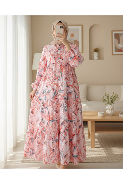 Modamorfo Φόρεμα με λουλουδάτο μοτίβο με μισό κουμπί με λαστιχένια μανίκια - Πλακάκι