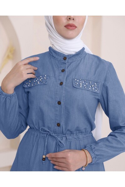 Modamorfo Μακρύ Τζιν Φόρεμα - Πέρλες Λεπτομέρεια και Κορδόνια Τούνελ