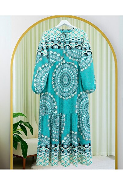 Modamorfo Piece Patterned Lace-Up Sleeve Elastic Dress -Mint