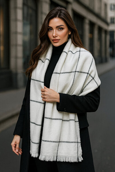 Luminos Butik Women's Ecru Square Patterned Scarf - Shawl 70x180 Cm Sal1210