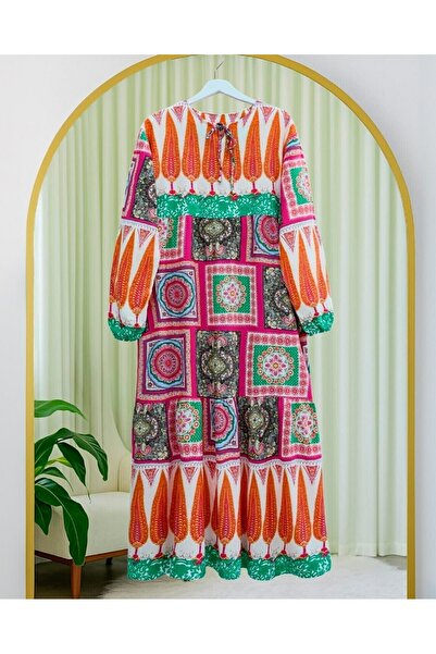 Modamorfo Φόρεμα με έθνικ σχέδιο με κορδόνια ελαστικά μανίκια - φούξια