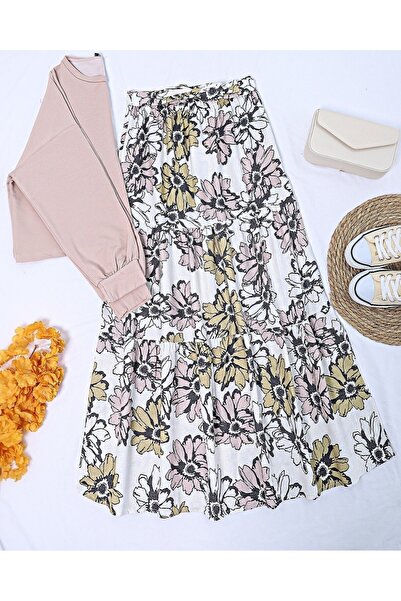 Modamorfo Fusta de in cu centura cu model cu talie elastica - pudra