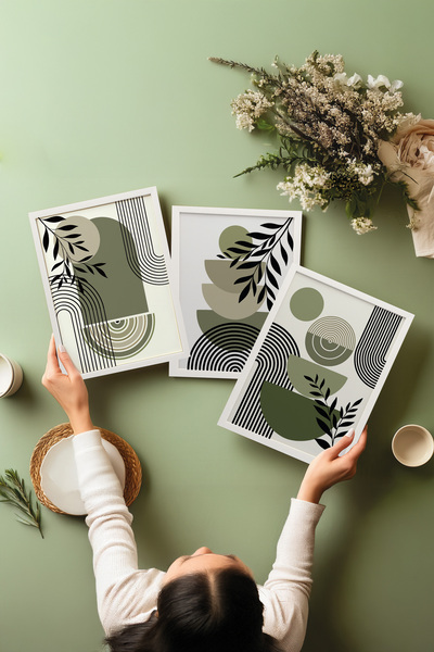 Zestia Beyaz Çerçeveli 3’lü Tablo Seti, Yeşil Minimal Yaprak Formları, Salon Set No: 30059