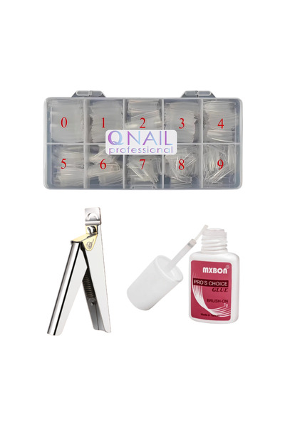 QNAİL PROFESSİONAL Protez Tırnak 500'lü ŞEFFAF Tips -tips Makası Ve Yapıştırıcı- 3'lü Set