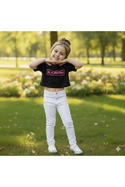 girls crop blackpink printed bicycle neckline short sleeve